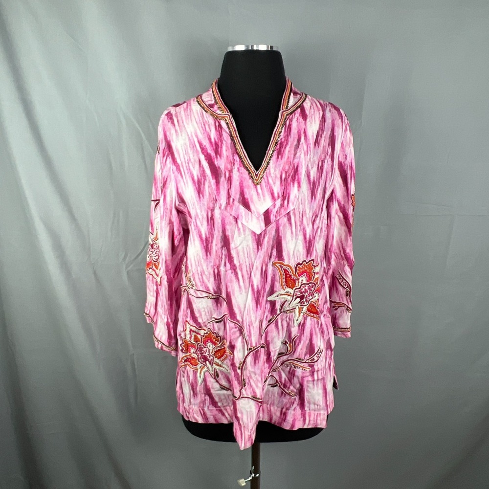 Soft Surroundings Altea Ikat Tunic Top Women PXS Pink Tie Dye Embroidered Floral